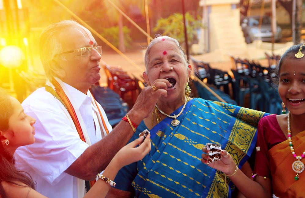 Elderly couple having fun travelling