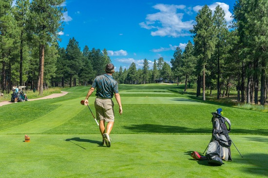 golfer playing golf with his equipment in a sunny day on a golf trip
